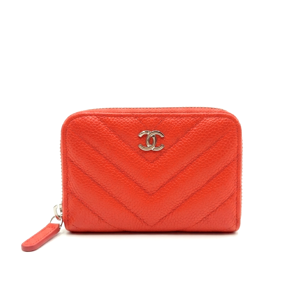 CHANEL - Chevron Classic Zipped Coin Purse - Orange Red